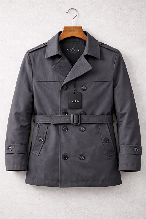 Men's Gray Seasonal Lined Belted Double Breasted Trench Coat
