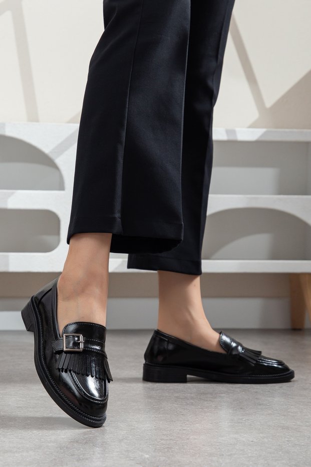 Premium Masculine: Gold Buckled Black & Brown Patent Leather and Suede Textured Women's Loafers Collection