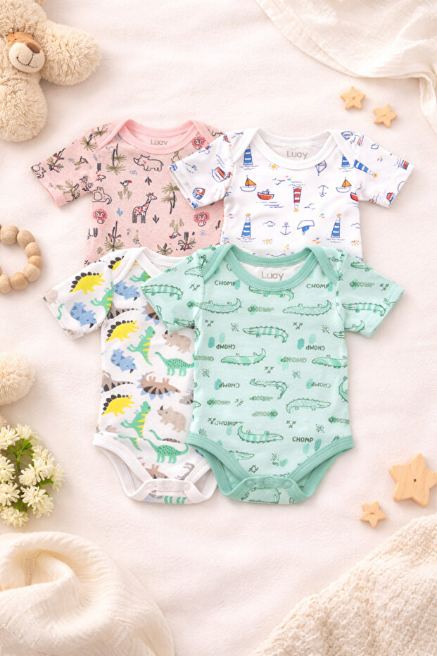 Unisex Organic Cotton Dinosaur, Lighthouse, Elephant & Lizard Onesie:Pack of 4.