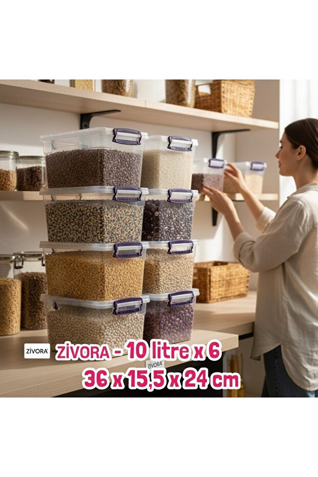 Set of 6 10 Liter (10X6) Horizontal Food Storage Containers with Plastic Locking Lids Kitchen Interior-Exterior Organizer