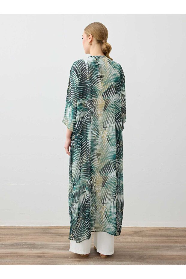 Patterned Long Chiffon Abaya - Khaki Patterned - - 6