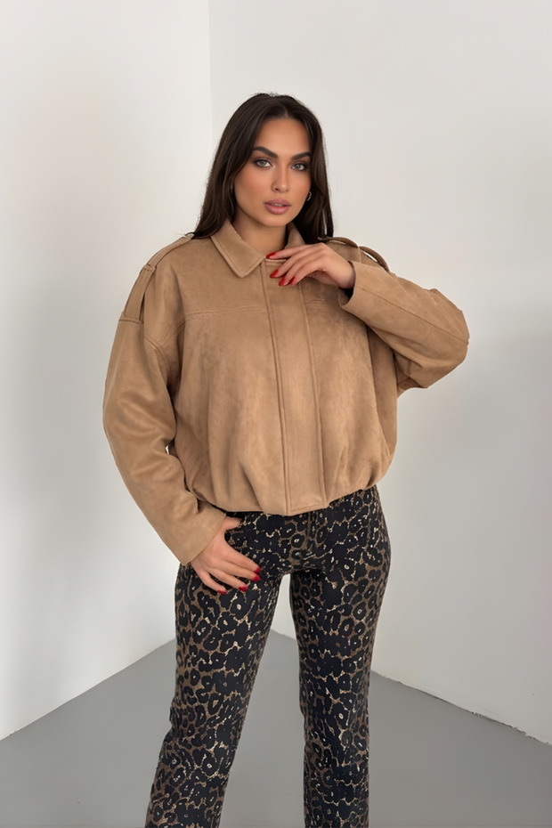 Women's Coat Short Oversize Suede Zipper Shirt Collar Drop Shoulder Jacket Beige