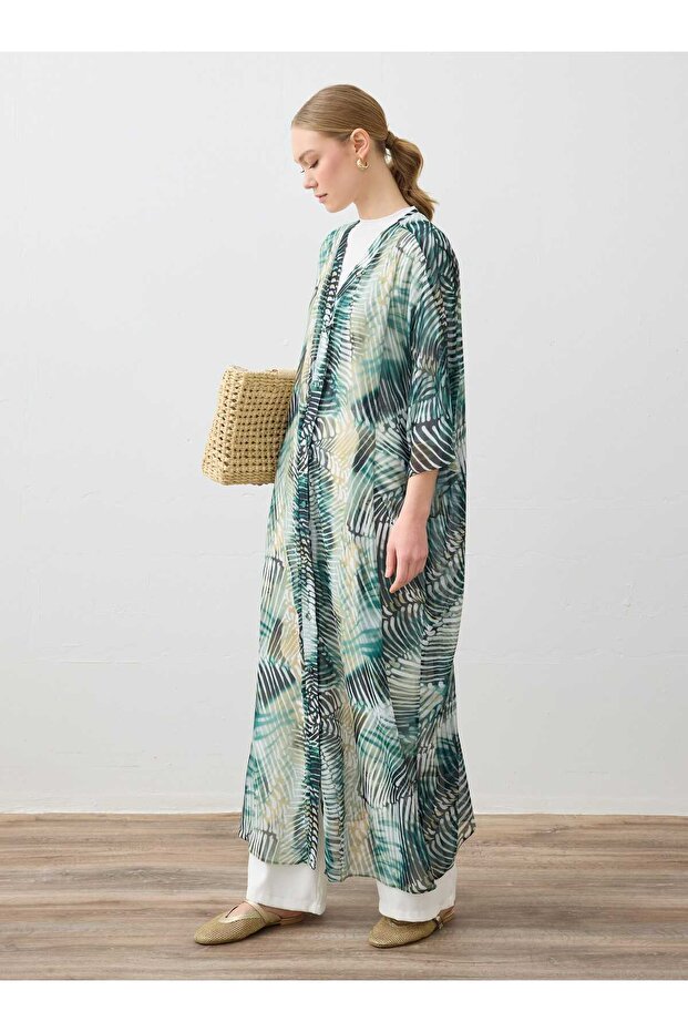Patterned Long Chiffon Abaya - Khaki Patterned - - 3