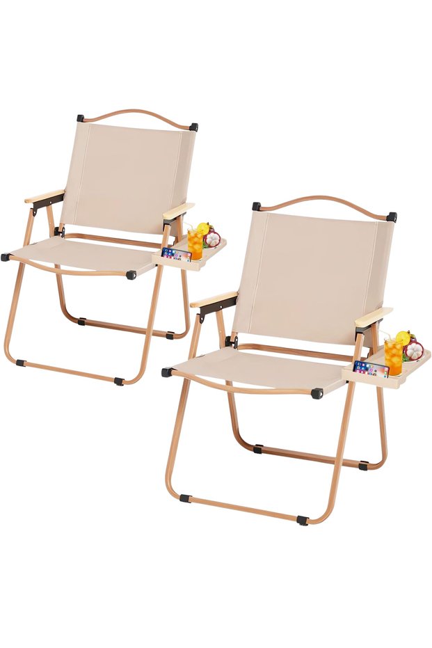 AUTO FAMILY (Set of 2) Portable Folding Chair Beige with Cup Holder, Outdoor Foldable Camping Chairs