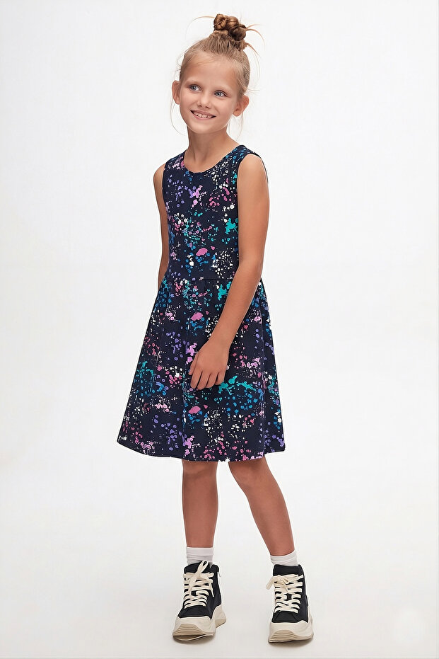 Dark Navy Spray Colors Girl's Patterned Sleeveless Dress