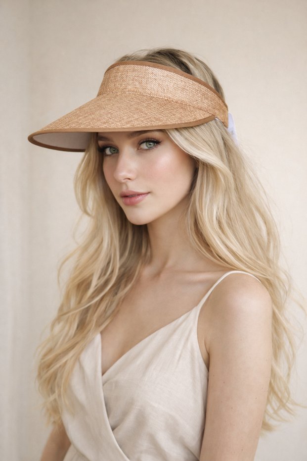 Women's Beige Straw Visor Hat Wide Brim Open Top - Golf Tennis Summer Beach Premium