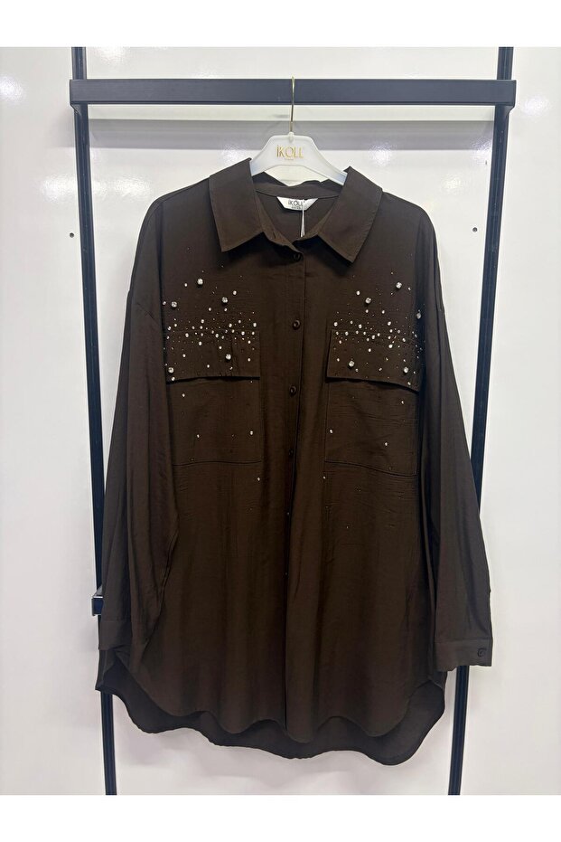 Women's Oversize Linen Stone Printed Low Sleeve Tunic Shirt with Cuff Detail, Comfortable Fit