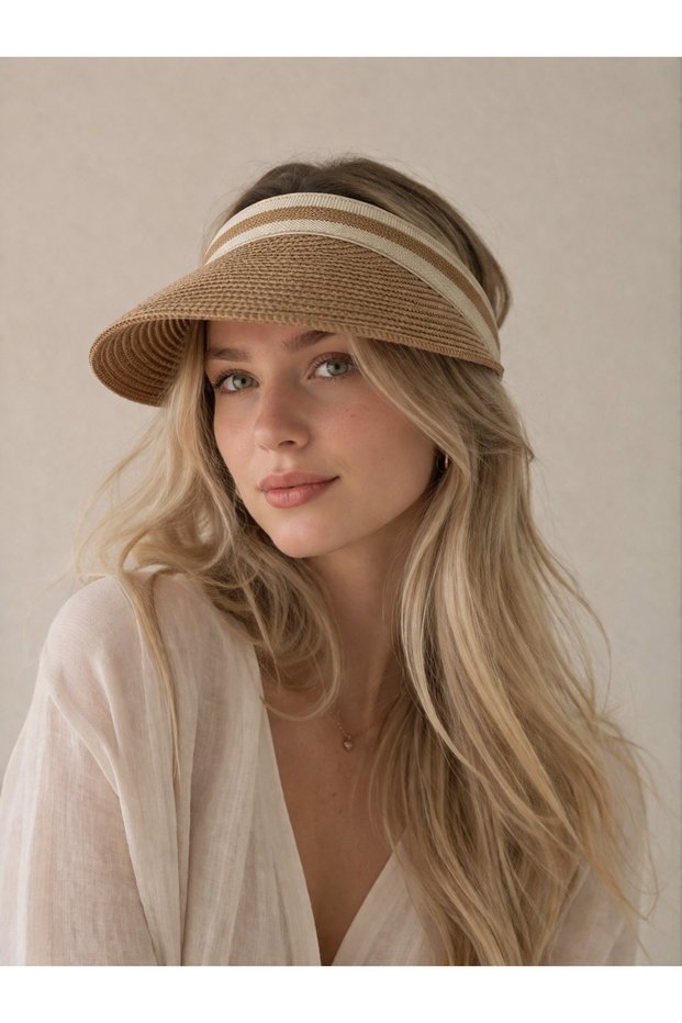 Summer Striped Wide Brim Beige Sun Visor – Tennis Sports Beach Hat Tepi Açık