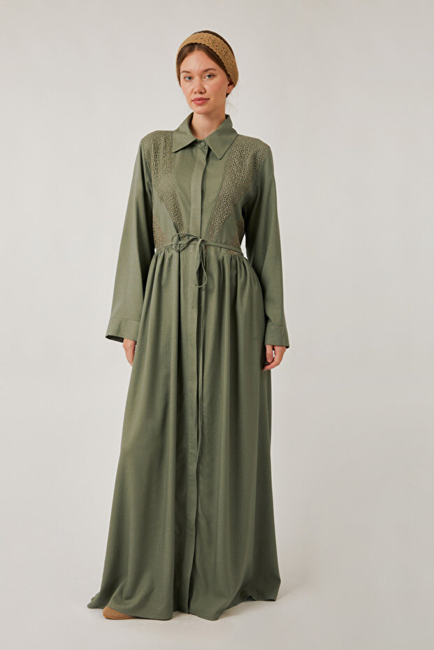 Lace Dress with Hidden Buttons Khaki