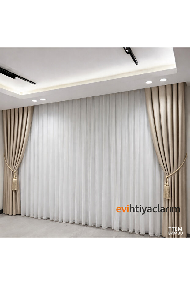 Titiem Effect Bamboo 1/3 Dense Pleated Non-Ironing Flat Tulle Curtain Suitable for Living Room and Guest Rooms