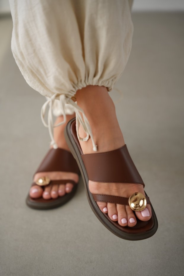 Zenira Flat Sole Flip Flops with Gold Accessory Detail for Women - Brown