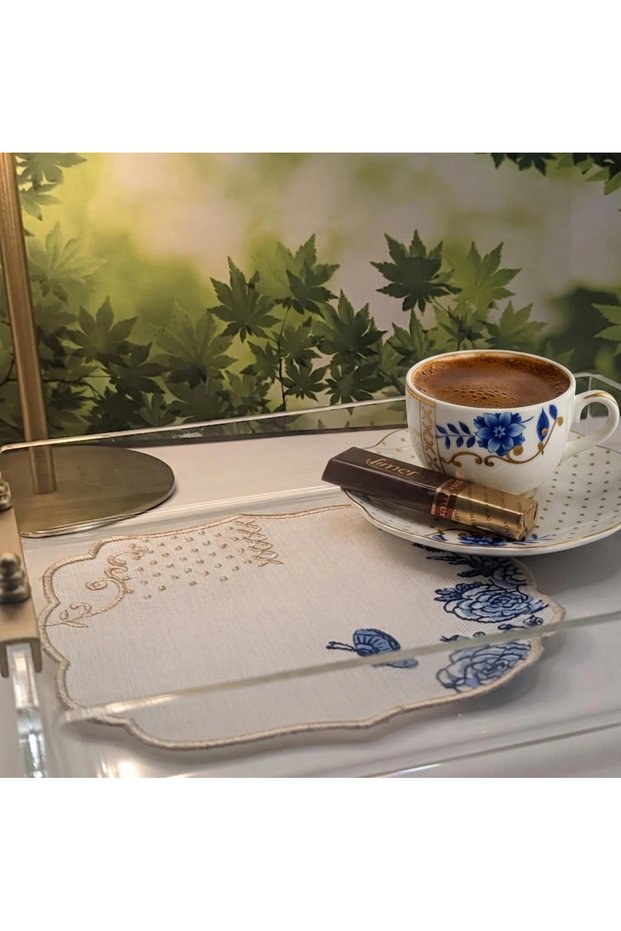 2 Pieces Pip Royal Compatible Blue and White Embroidered Luxury Linen Presentation Napkin 15X15Cm