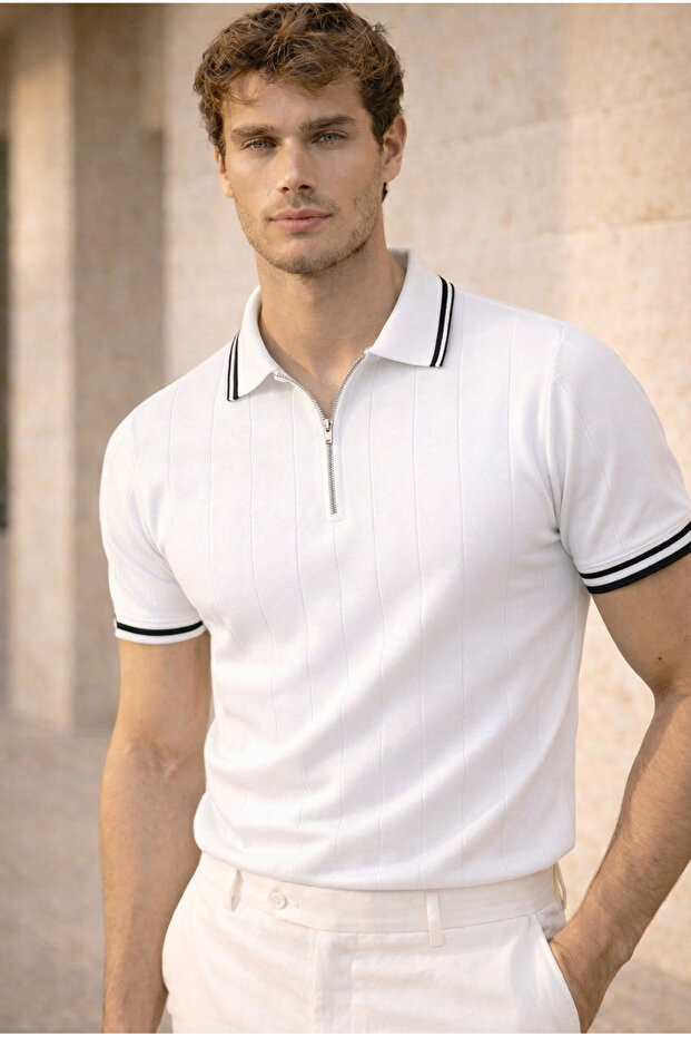Jared Collar Striped Vertical Striped Half Zipper Slim Knitwear Men's T-Shirt - White