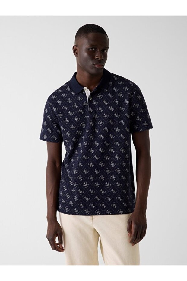 Short Sleeve All 4g Jacquard Polo Collar Men's Navy Blue Polo T-Shirt M6Gp04K3073-Fbdb