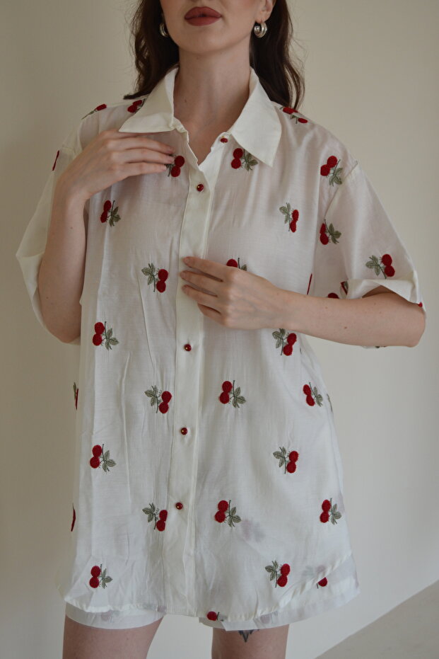 White Shirt with Cherry Pattern - 1