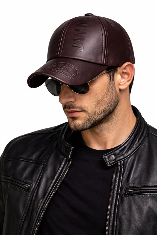 Men's Dark Brown Leather Hat with Curved Visor Adjustable Sports Casual Baseball Cap