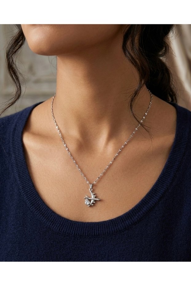 Women's Silver Color Steel Necklace with Airplane Figure and Travel Theme with Zircon Stone