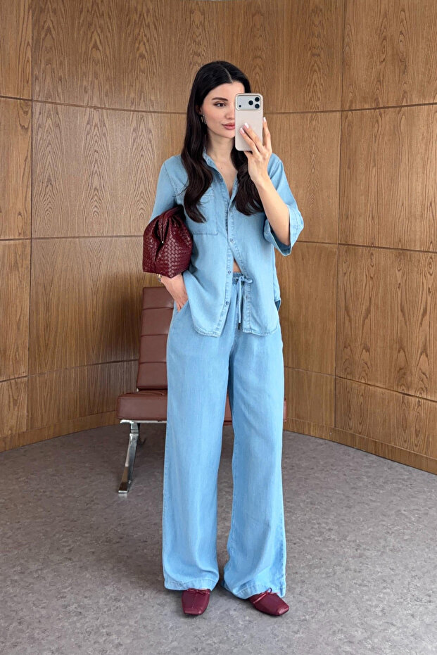 Light Blue Tencel Fabric Shirt and Pants Set - 0926