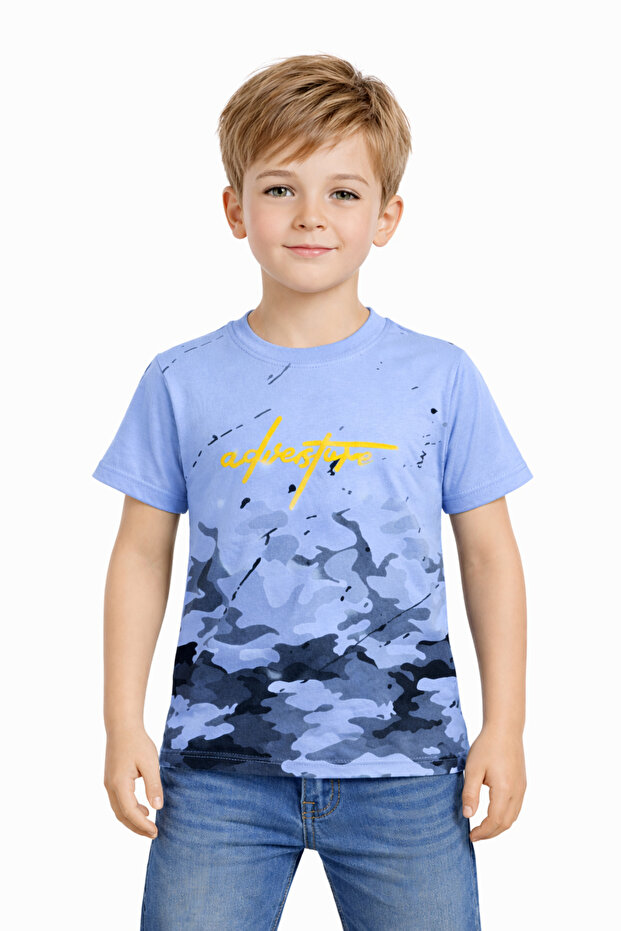 Boy's Adventure Written Camouflage Patterned Blue Color T-Shirt