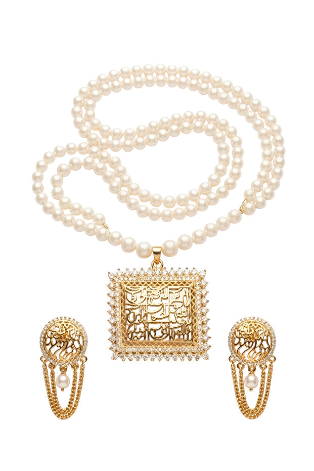 Elegant Pearl Necklace & Earrings Set with Arabic Calligraphy Pendant