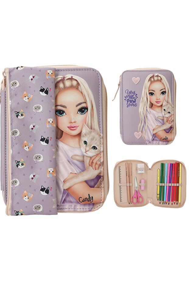 Topmodel Kitty & Doggy Dolu Pencil Case – Lilac Color, School Set with Velcro and Detachable Pen Holder