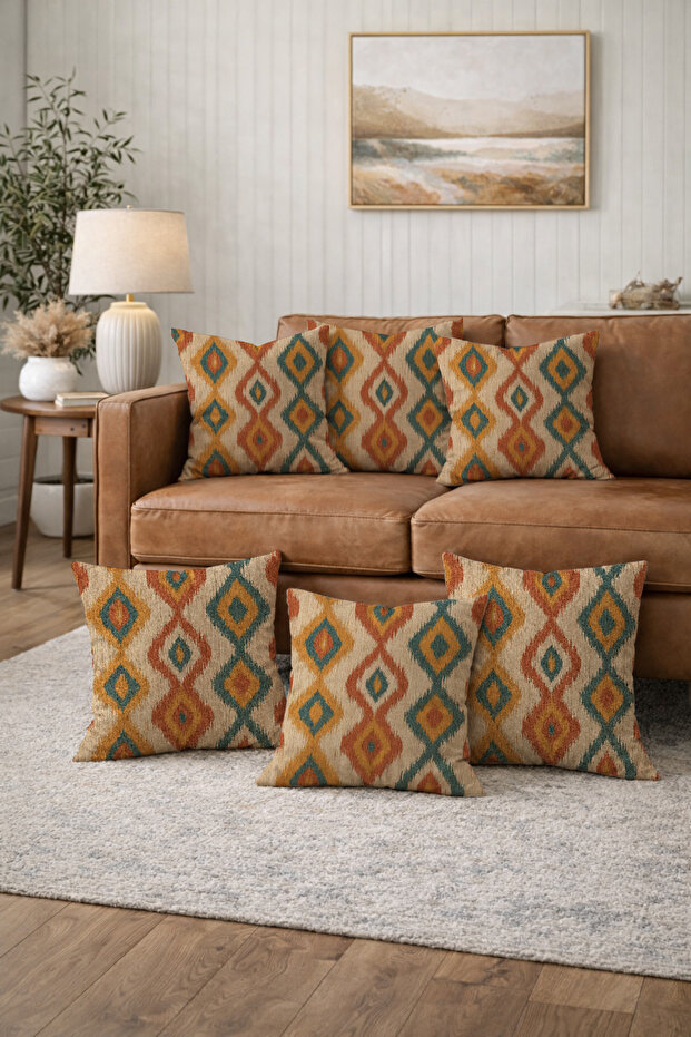 43X43 cm Set of 6 Decorative Throw Pillow Covers | Double Sided | Retro Ikat Pattern