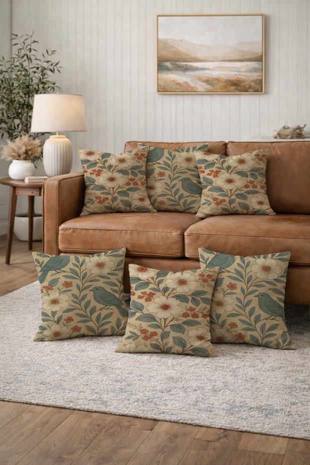 Set of 6 Throw Pillow Covers 43X43 cm | Double Sided | Flower & Bird Patterned Beige Green Vintage