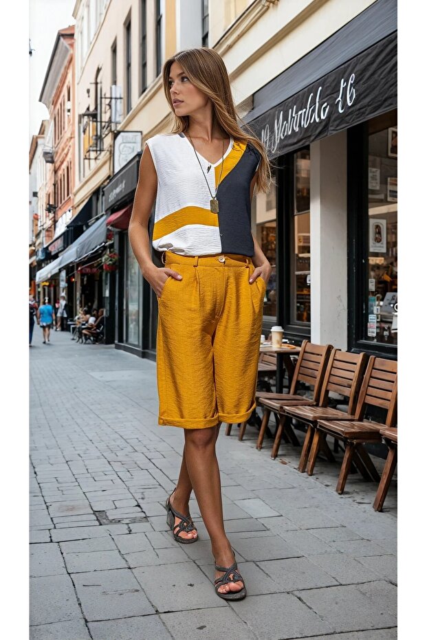 Women's Mustard Pocket Double-Leg Long Linen Bermuda Shorts 2912308