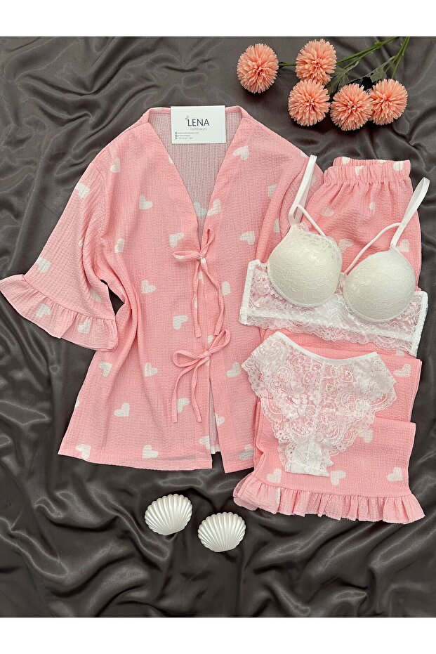 Women's Patterned Wrinkled Short Sleeve Pajama Set with Underwear