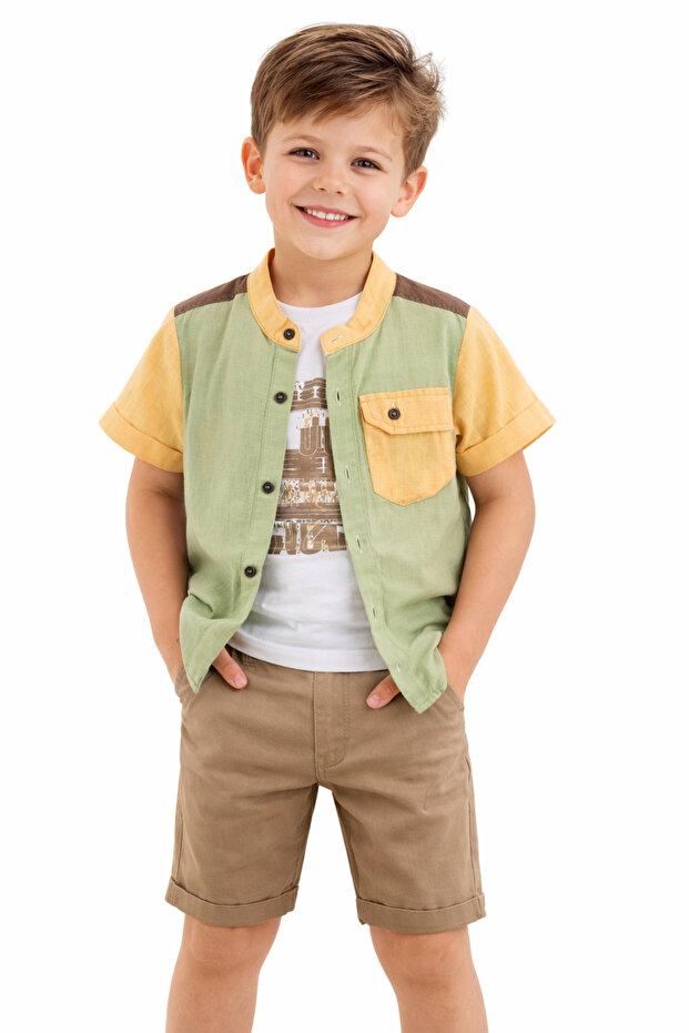 Boy's Linen Shorts, Shirt with Pockets, T-Shirt with Text Pattern, Three-Piece Set