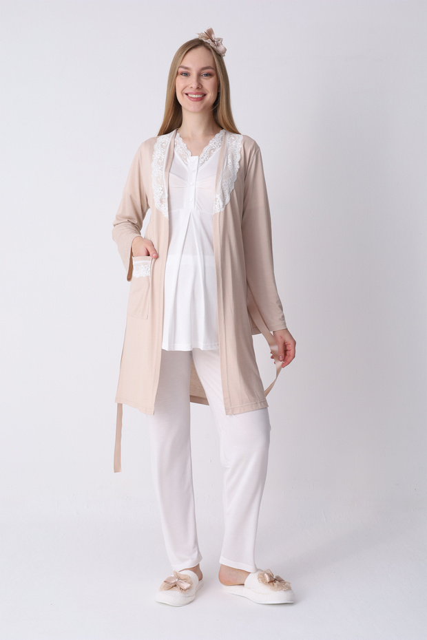 Maternity Pajamas Dressing Gown 3-Piece Set Lace Collar Pocketed Buttoned Breastfeeding Cotton Viscose Maternity Pajamas
