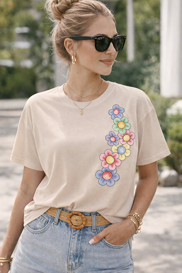 Floral Patterned Side Printed Unisex Oversize T-Shirt – Cotton Crew Neck Casual T-Shirt