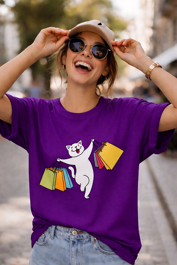 Cheerful Cat Shopping Printed Unisex Oversize T-Shirt – Cotton Crew Neck Casual T-Shirt