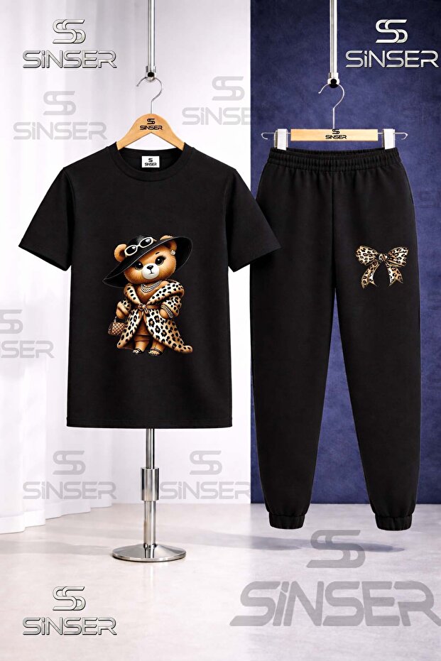 Children's Bear Leopard Fur Printed T-Shirt Tracksuit Set