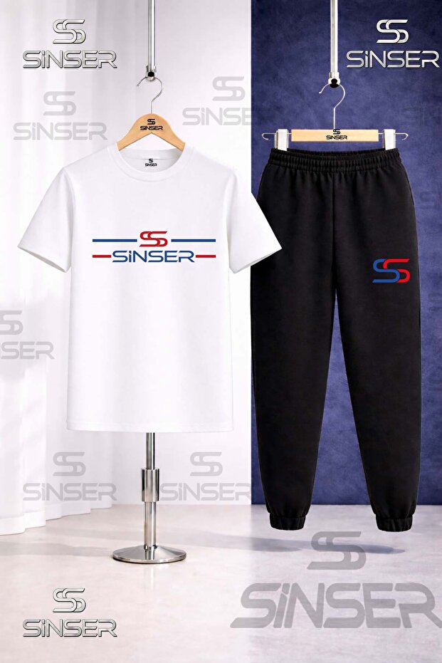 Children's 2 Short Long Line Printed T-Shirt Tracksuit Set