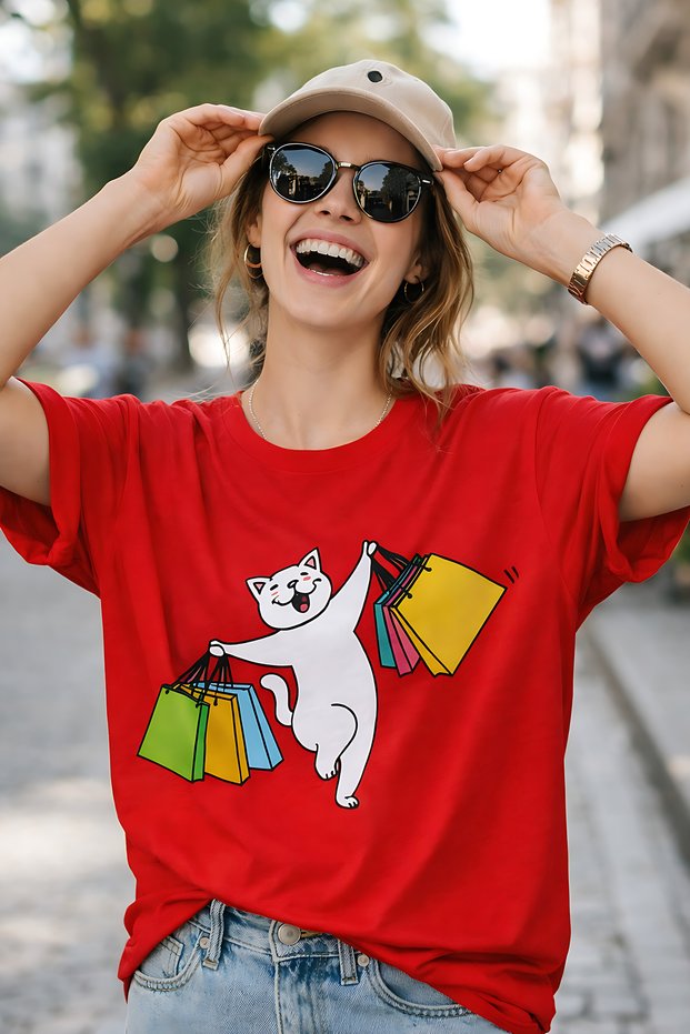 Cheerful Cat Shopping Printed Unisex Oversize T-Shirt – Cotton Crew Neck Casual T-Shirt