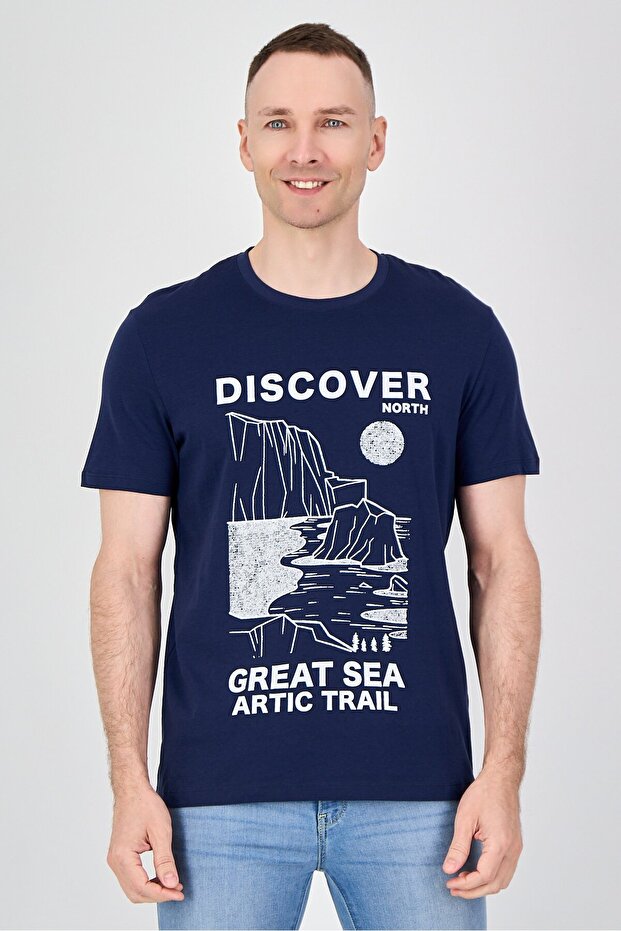 Men Crew Neck Short Sleeve Graphic Print T-Shirt, Navy - 1