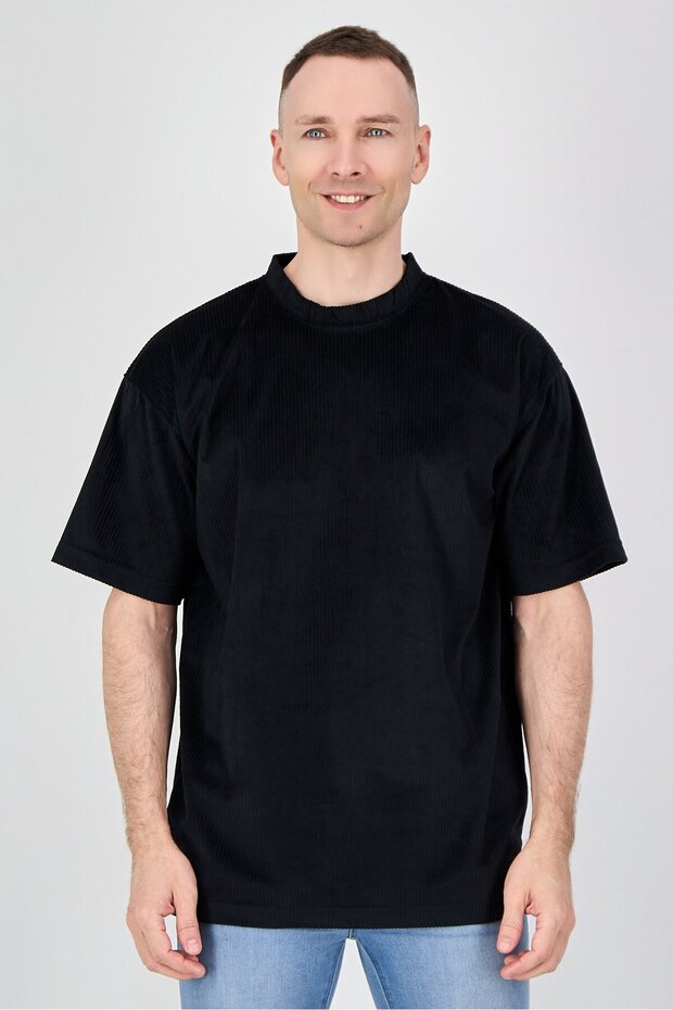 Men Ribbed Neck Short Sleeve Textured T-Shirts, Black