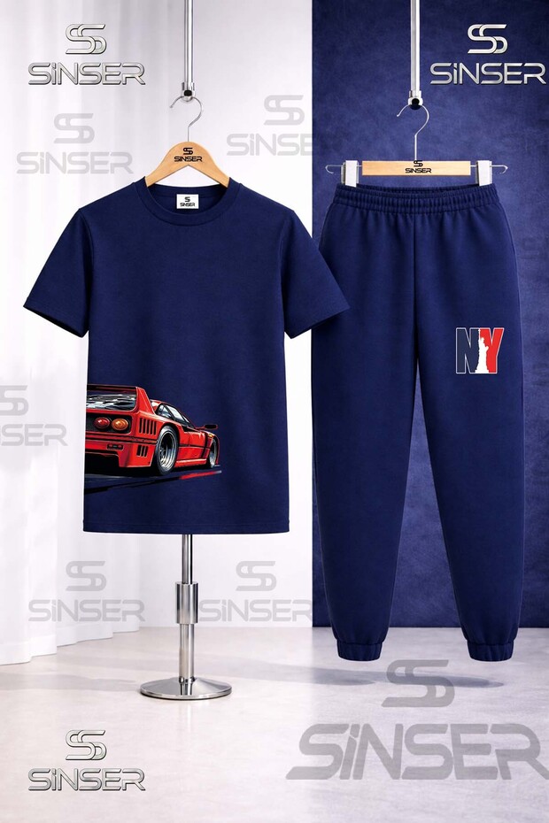 Children's Car Red Sag Side Printed T-Shirt Tracksuit Set
