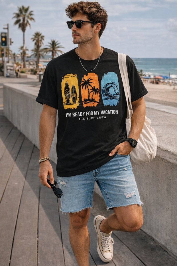Surf and Vacation Themed Printed Unisex Oversize T-Shirt – Cotton Crew Neck Vacation Printed T-Shirt