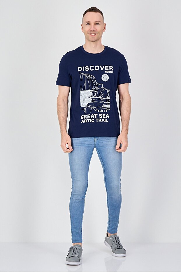 Men Crew Neck Short Sleeve Graphic Print T-Shirt, Navy - 4