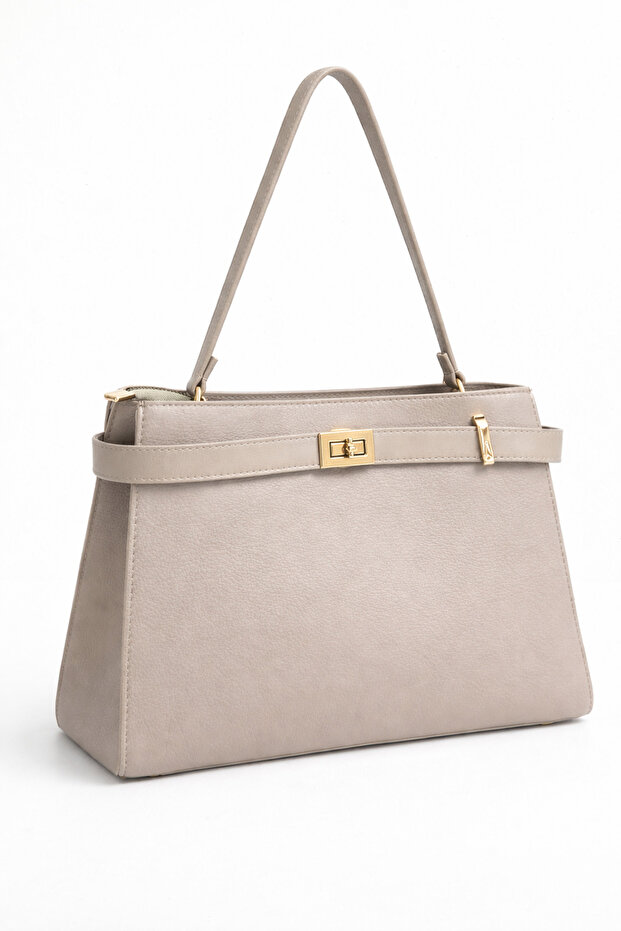 Beige Women's Shoulder Bag – Gold Detailed, Stylish Medium Size Bag with Long Strap and Scarf Gift