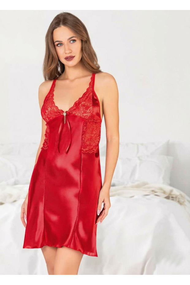 Lace Embroidered Satin Nightgown with Thread and Stone Detailing