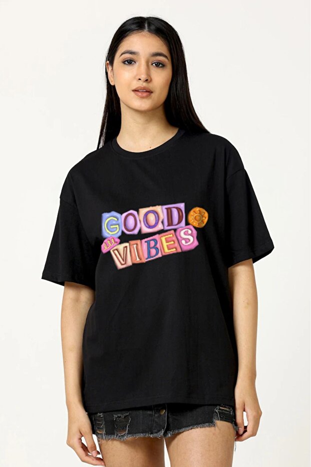 Women's Cotton 100% Oversized T-Shirt Good Vibes Printed 30/1 Fabric