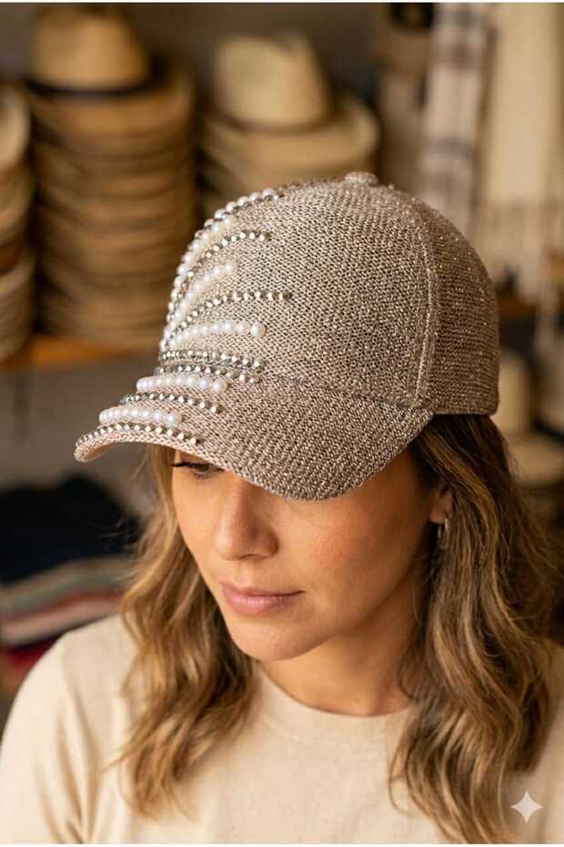 Women's Stone and Pearl Embellished Cap Hat for Summer - Adjustable from the Back
