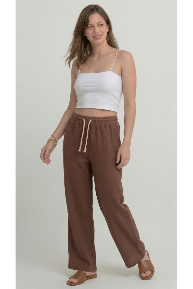 Brown Women's Muslin Trousers – Palazzo Model, Wide Legs, Comfortable and High Waist