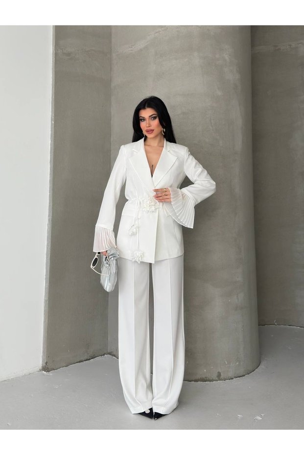 Women's Floral Detailed Double-Breasted Blazer Jacket and Trousers Set Transparent Pleated Cuff Stylish Two-Piece Set