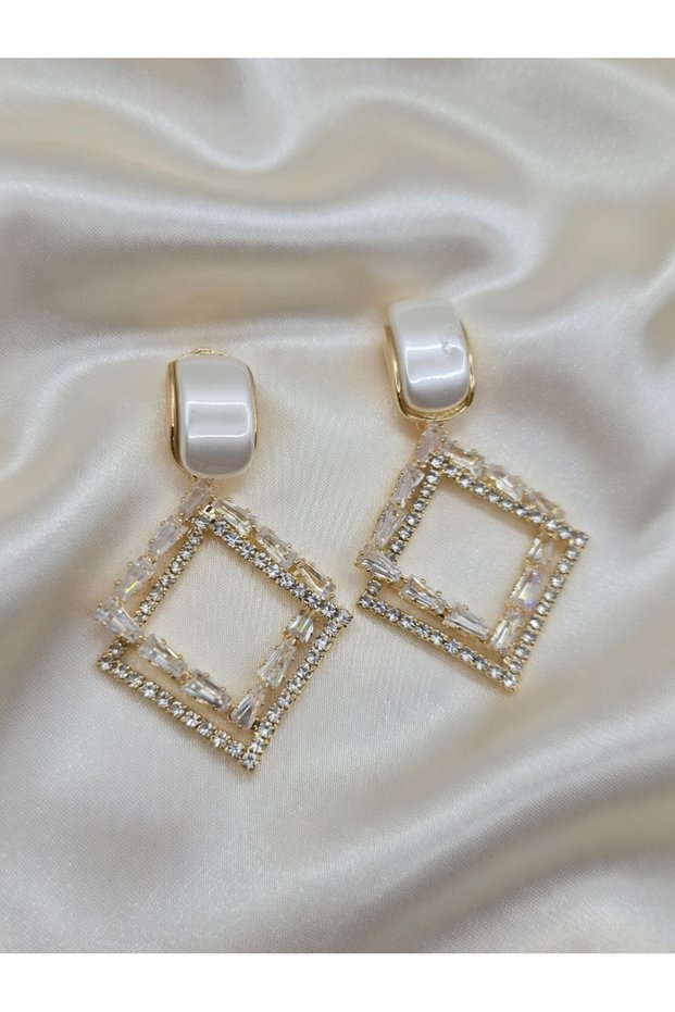 Zircon Stone Gold Color White Pearl Detailed Square Geometric Dangle Hoop Steel Earrings