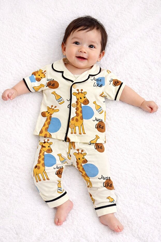 100% Cotton Short Sleeve Buttoned Summer Girls Boys Unisex Giraffe Milk Patterned Baby Kids Pajama Set