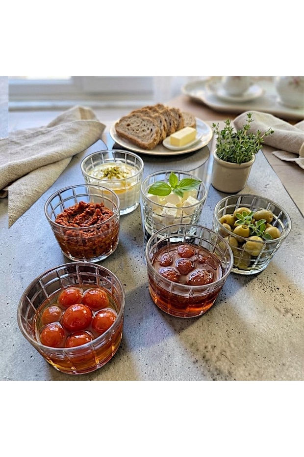 Set of 6 Handcrafted Cut Crystal Patterned Glass Bowls - 8X6 cm Breakfast, Appetizer, Dessert Presentation Bowl